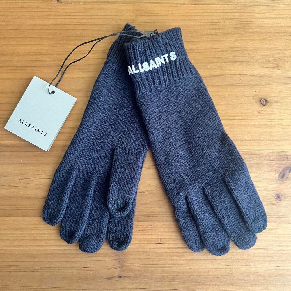 AllSaints Gloves Women's New NWT Blue Wool Blend Classic Winter Neutral Cozy